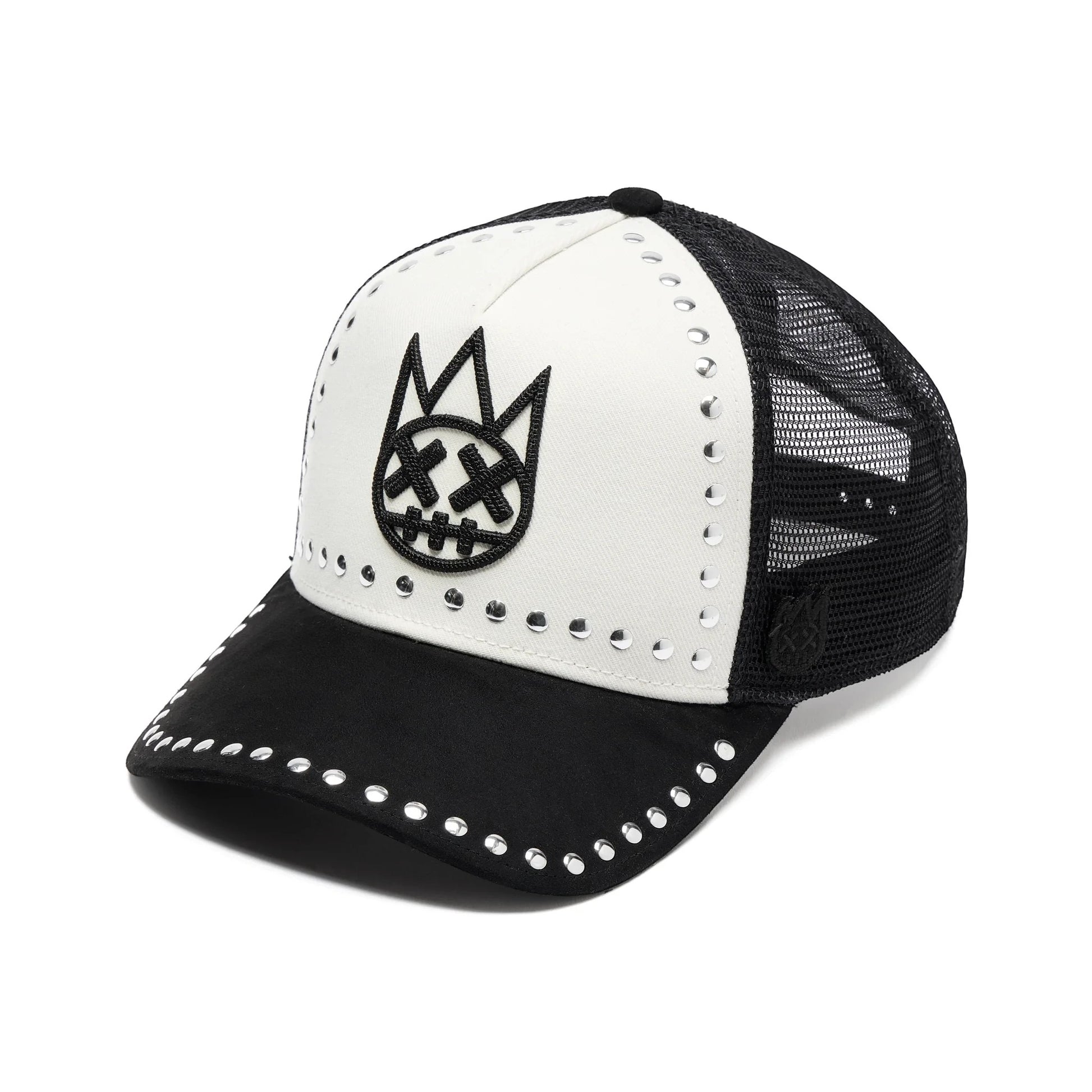 Ballers Clothing Shop black and white trucker hat with Shimuchan logo embroidery, silver stud accents, and mesh back.