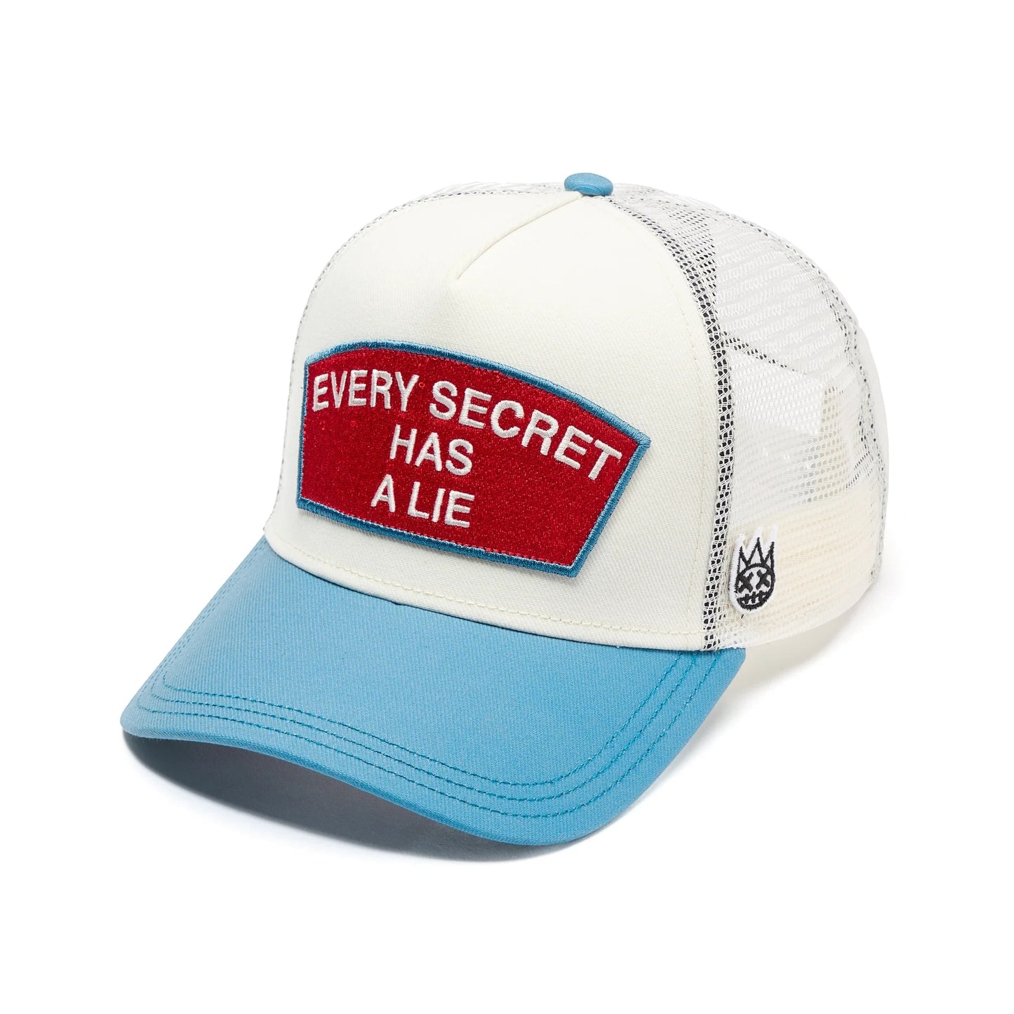 Ballers Clothing Shop winter white and blue mesh trucker hat with Every Secret Has A Lie red embroidered patch