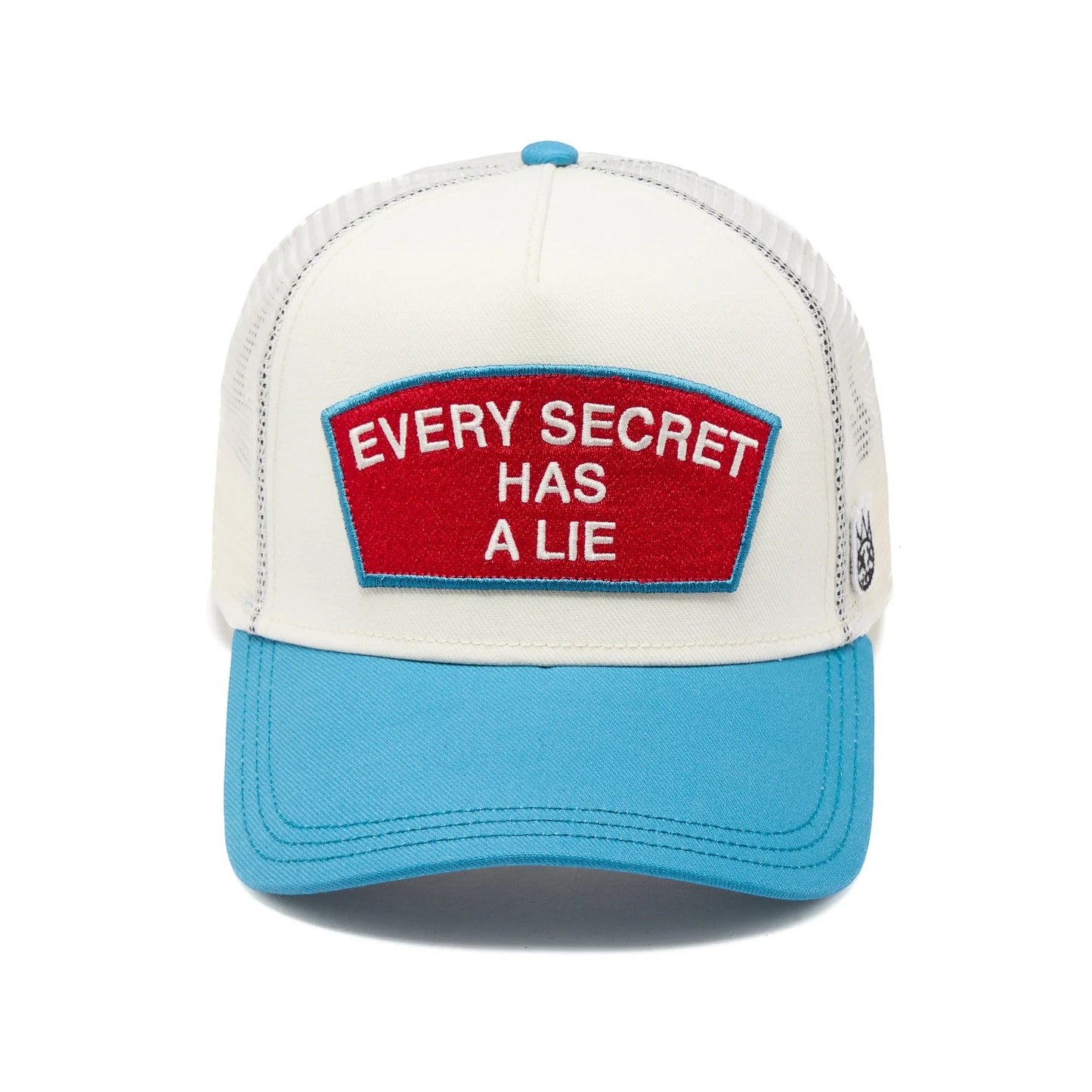 Ballers Clothing Shop winter white and blue trucker hat with Every Secret Has A Lie red embroidered patch