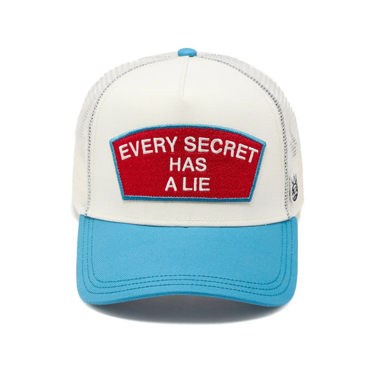 Ballers Clothing Shop winter white and blue trucker hat with Every Secret Has A Lie red embroidered patch