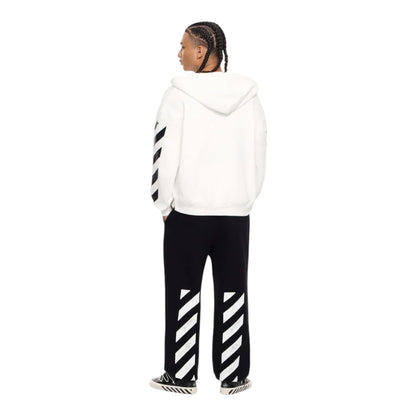 Ballers Clothing Shop L/AB c/o Off-White white zip hoodie with black diagonal sleeve motifs worn by a male model