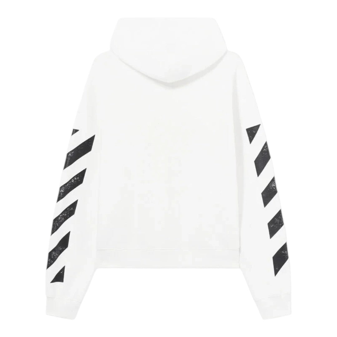 Ballers Clothing Shop L/AB c/o Off-White white cotton zip hoodie with black diagonal sleeve motifs, back view