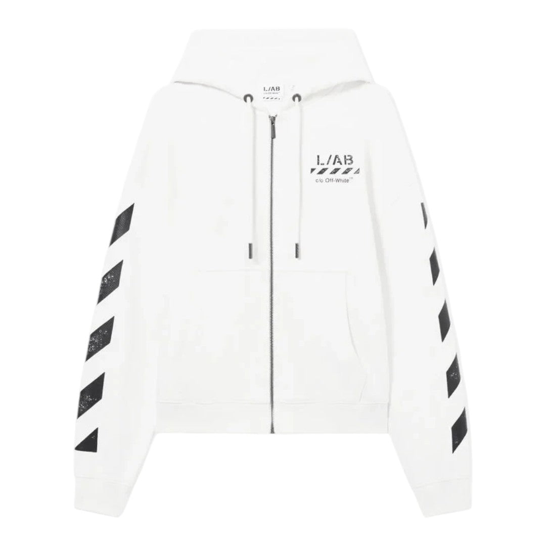 Ballers Clothing Shop white L/AB c/o Off-White cotton zip hoodie with black diagonal sleeve motifs and chest logo
