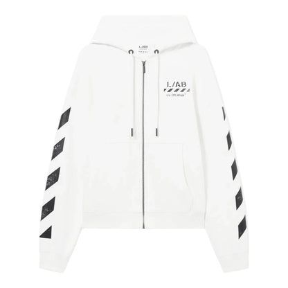 Ballers Clothing Shop white L/AB c/o Off-White cotton zip hoodie with black diagonal sleeve motifs and chest logo
