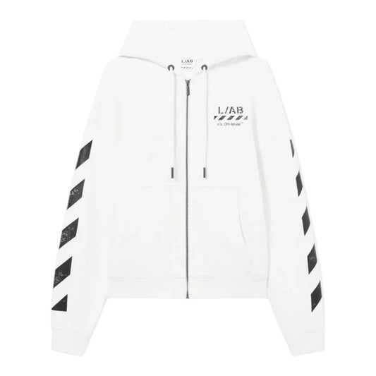 Ballers Clothing Shop white L/AB c/o Off-White cotton zip hoodie with black diagonal sleeve motifs and chest logo