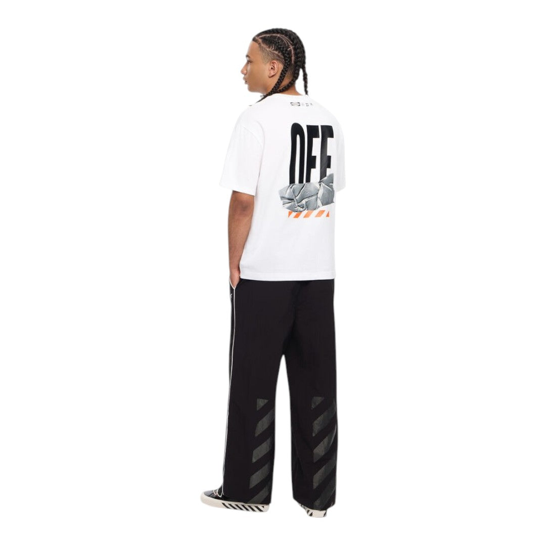 Ballers Clothing Shop L/AB c/o Off-White white cotton t-shirt with back duct tape graphic and OFF logo