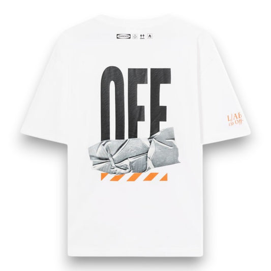 Ballers Clothing Shop white L/AB c/o Off-White cotton t-shirt with back duct tape graphic and orange sleeve logo