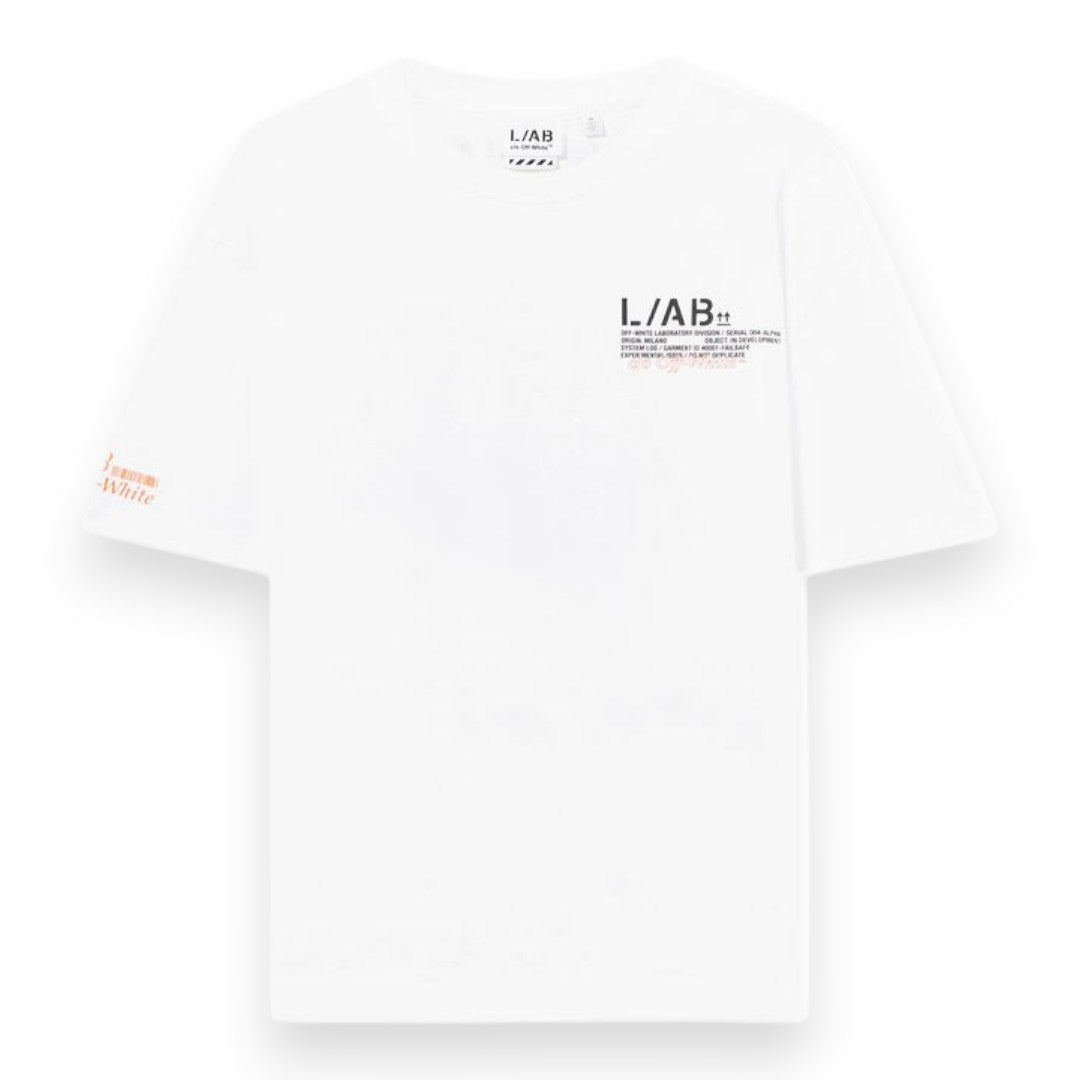 Ballers Clothing Shop white L/AB c/o Off-White cotton crewneck t-shirt with black chest logo and orange sleeve print