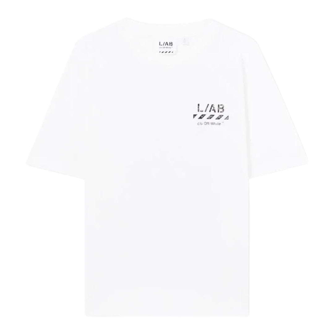 Ballers Clothing Shop white oversized cotton t-shirt with L/AB c/o Off-White logo print on the chest