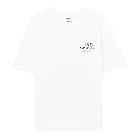 Ballers Clothing Shop white oversized cotton t-shirt with L/AB c/o Off-White logo print on the chest