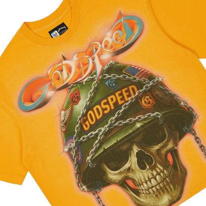 Ballers Clothing Shop yellow cotton t-shirt featuring a graphic print of a skull wearing a military helmet with chains.