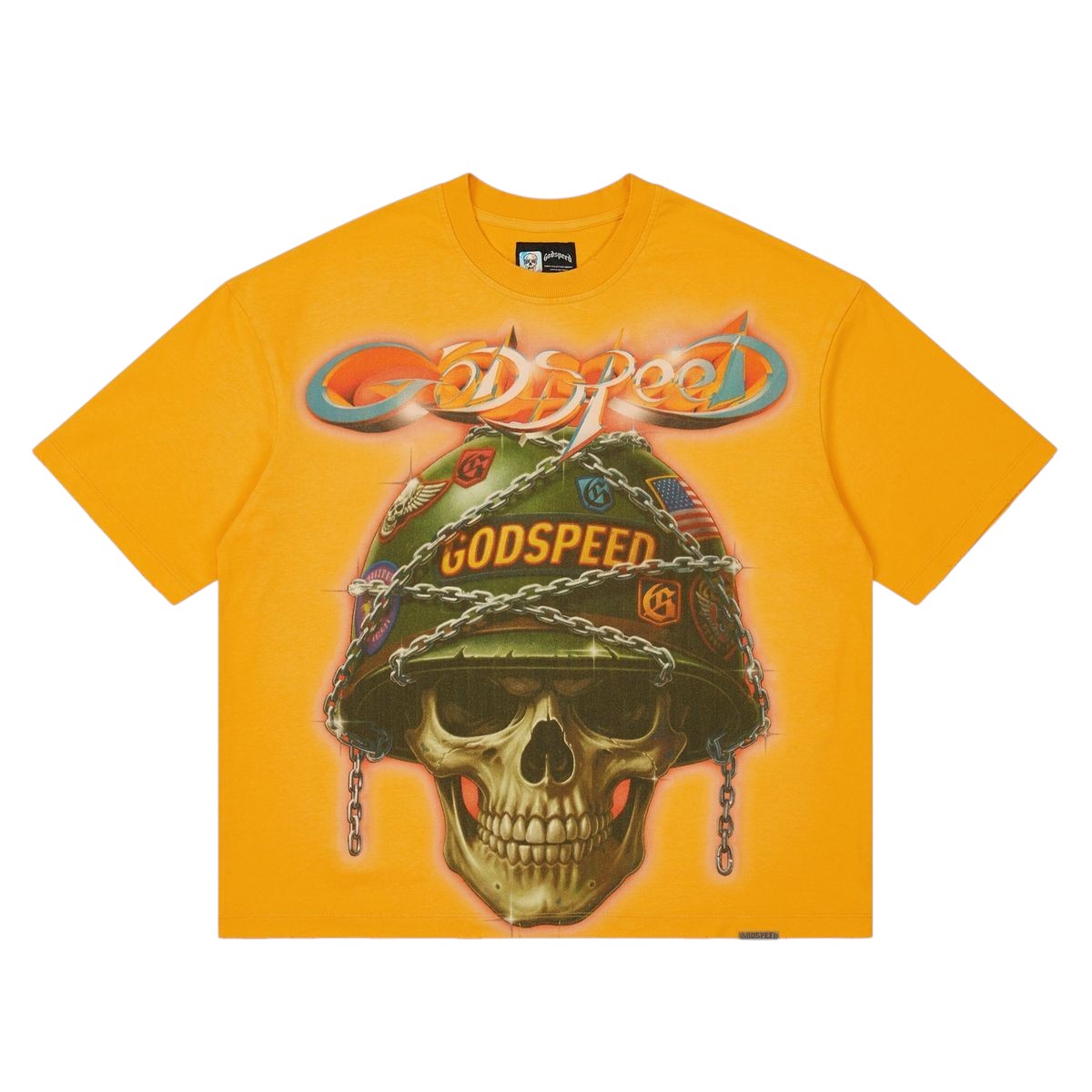 Ballers Clothing Shop yellow cotton t-shirt featuring a skull wearing a military helmet with chain and badge graphics.