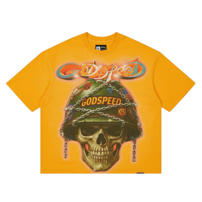 Ballers Clothing Shop yellow cotton t-shirt featuring a skull wearing a military helmet with chain and badge graphics.