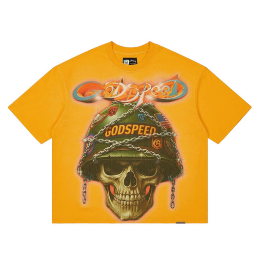 Ballers Clothing Shop yellow cotton t-shirt featuring a skull wearing a military helmet with chain and badge graphics.